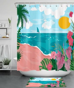 Sunny Tropical Ocean Shower Curtain With Clouds, Plant And Floral Design
