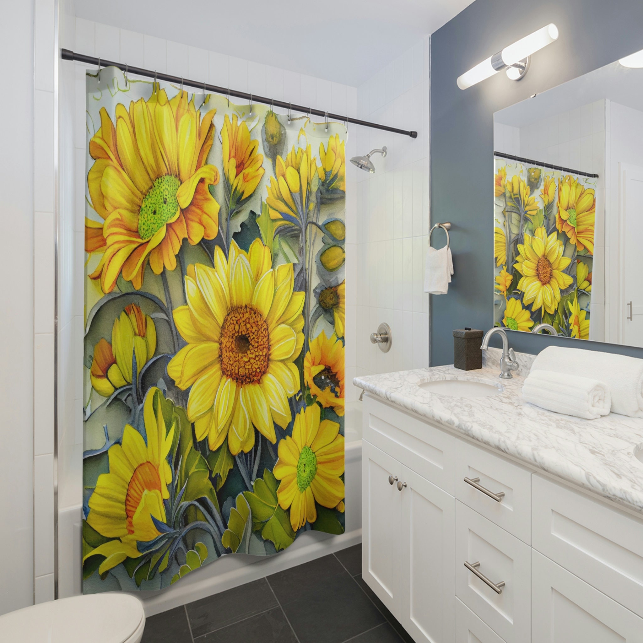 Sunny Watercolor Blooms Shower Curtain, Yellow Floral Pattern, Perfect Spring Bathroom Decor