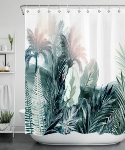Sunny Watercolor Palm Leaf Tropical Shower Curtain for Bright Bathrooms