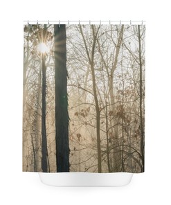 Sunny Woods Sunrise Shower Curtain, Scenic Nature Pattern Fabric, Perfect Bath Accessory 