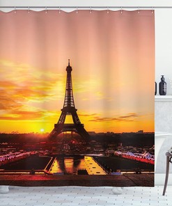Sunrise Eiffel Tower Shower Curtain - Cloth Fabric Bathroom Decor With Panoramic View In Marigold Rose Brown