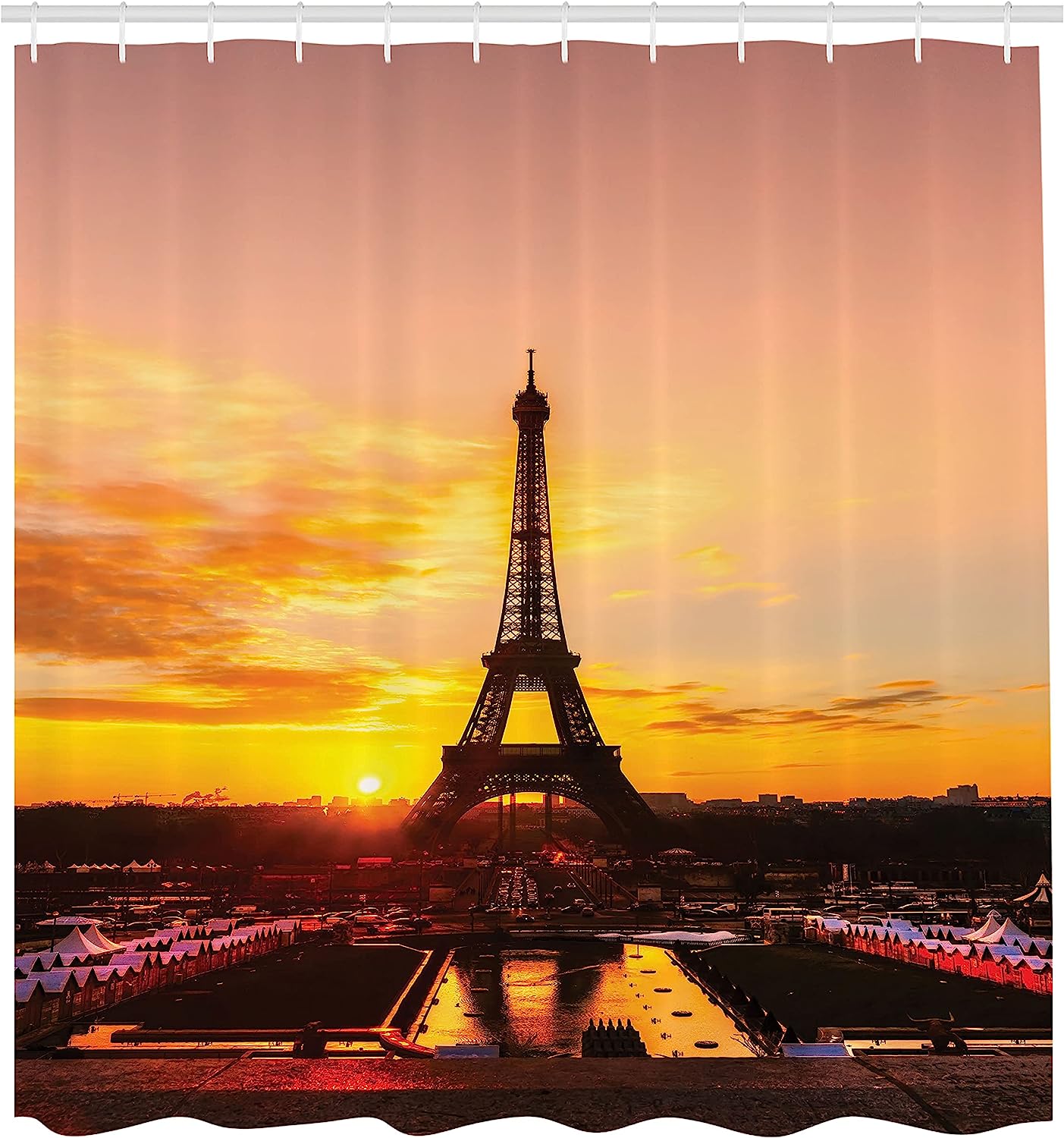 Sunrise Eiffel Tower Shower Curtain - Cloth Fabric Bathroom Decor With Panoramic View In Marigold Rose Brown - Image 2