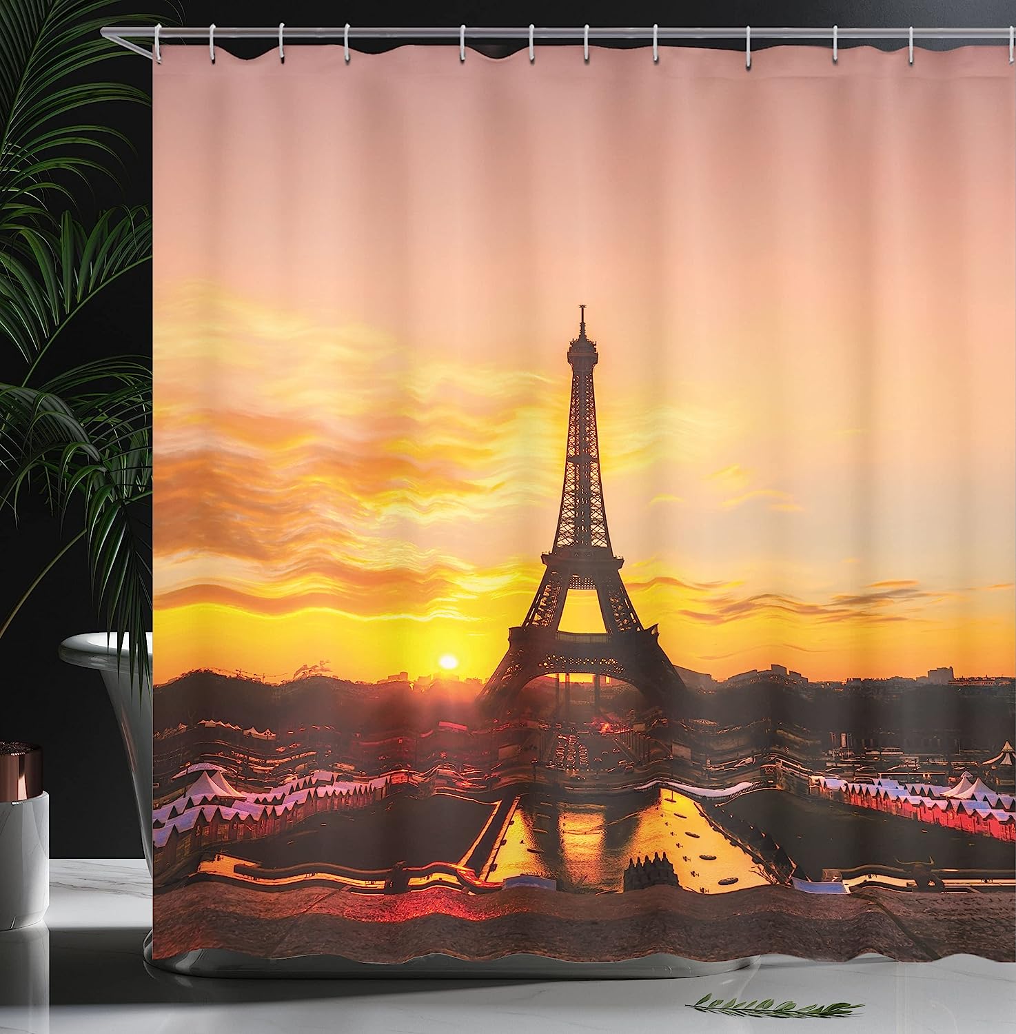 Sunrise Eiffel Tower Shower Curtain - Cloth Fabric Bathroom Decor With Panoramic View In Marigold Rose Brown - Image 3