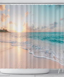 Sunrise On The Beach Shower Curtain, Tropical Ocean Waves Home Artwork Bathroom Decor