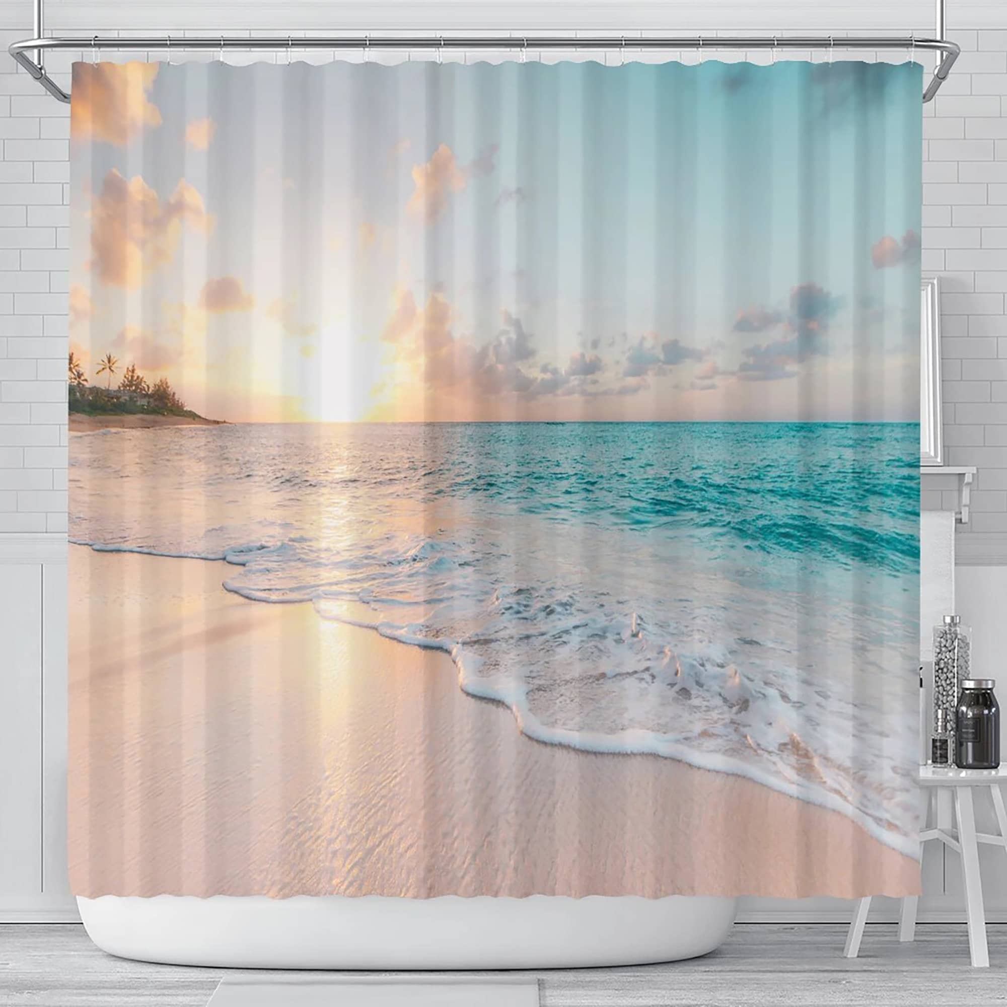 Sunrise On The Beach Shower Curtain, Tropical Ocean Waves Home Artwork Bathroom Decor