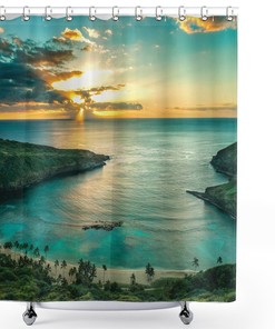 Sunrise Over Hawaii Sunbeams Through Clouds Shoreline Shower Curtain