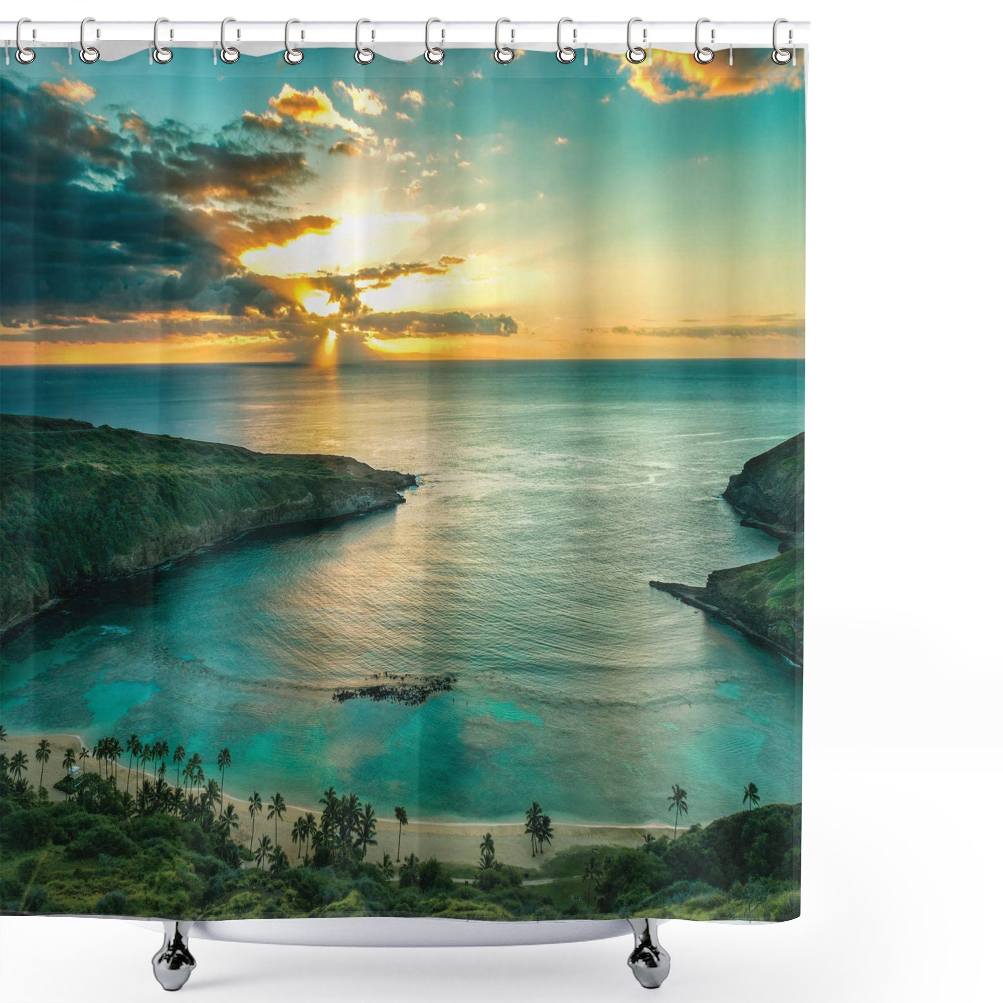 Sunrise Over Hawaii Sunbeams Through Clouds Shoreline Shower Curtain