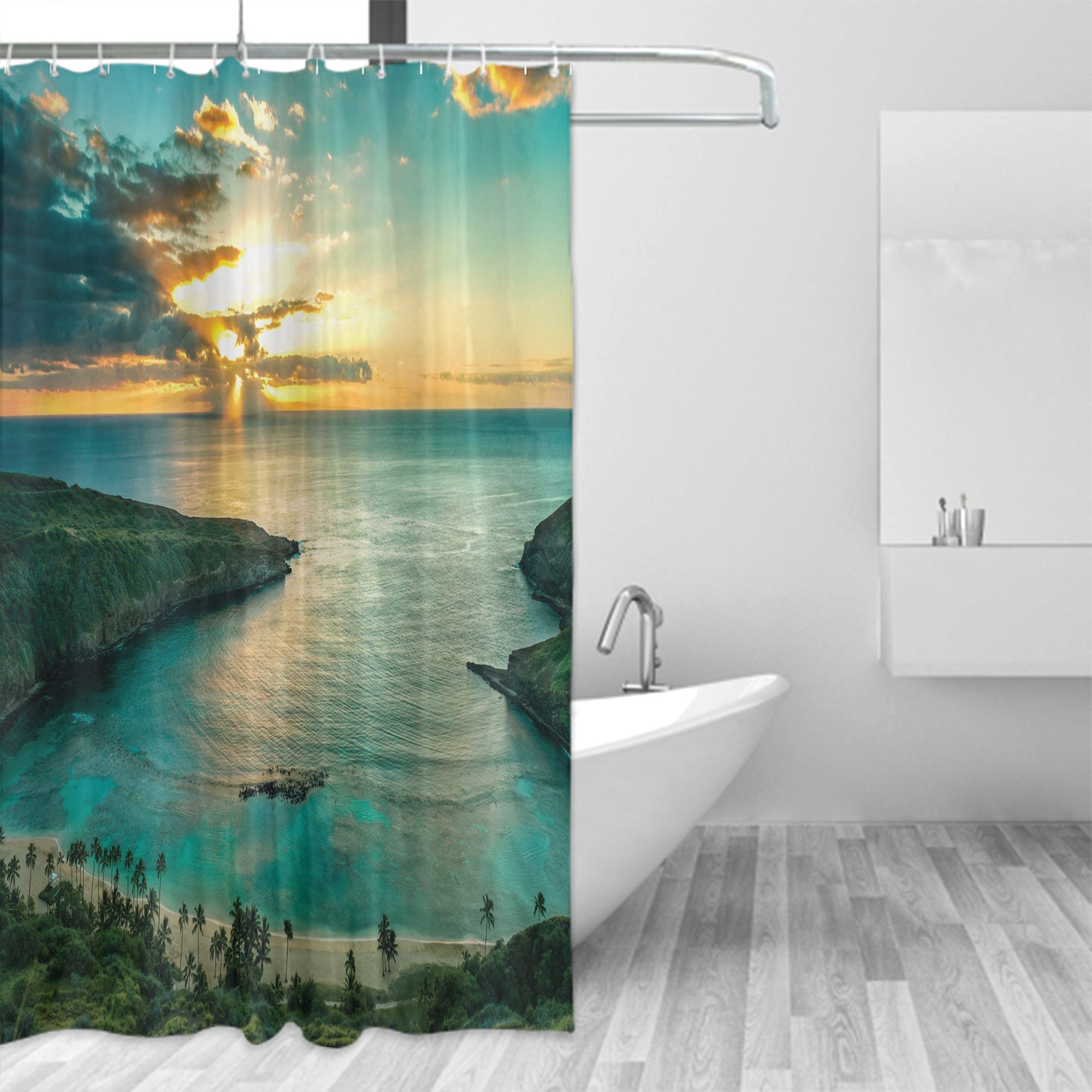 Sunrise Over Hawaii Sunbeams Through Clouds Shoreline Shower Curtain