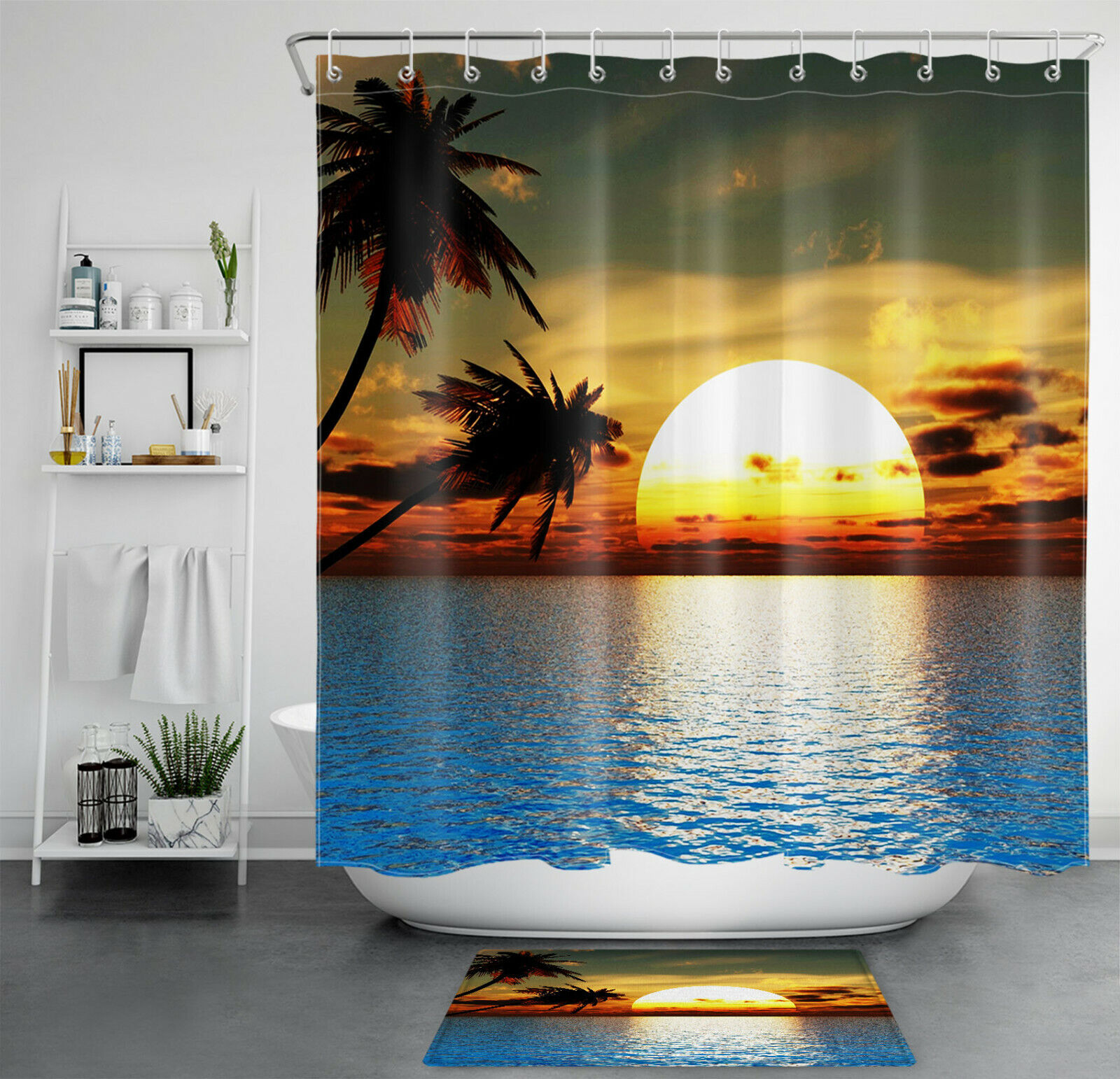 Sunrise Scenery Tropical Ocean Shower Curtain, for Bathroom Decor