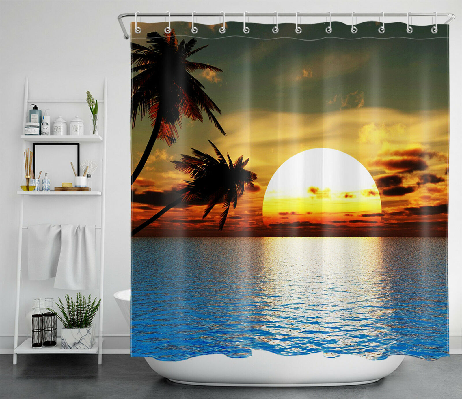 Sunrise Scenery Tropical Ocean Shower Curtain, for Bathroom Decor