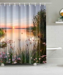 Sunrise by the Lake Shower Curtain, Scenic Morning Landscape, Fabric Set for Bathroom and Home