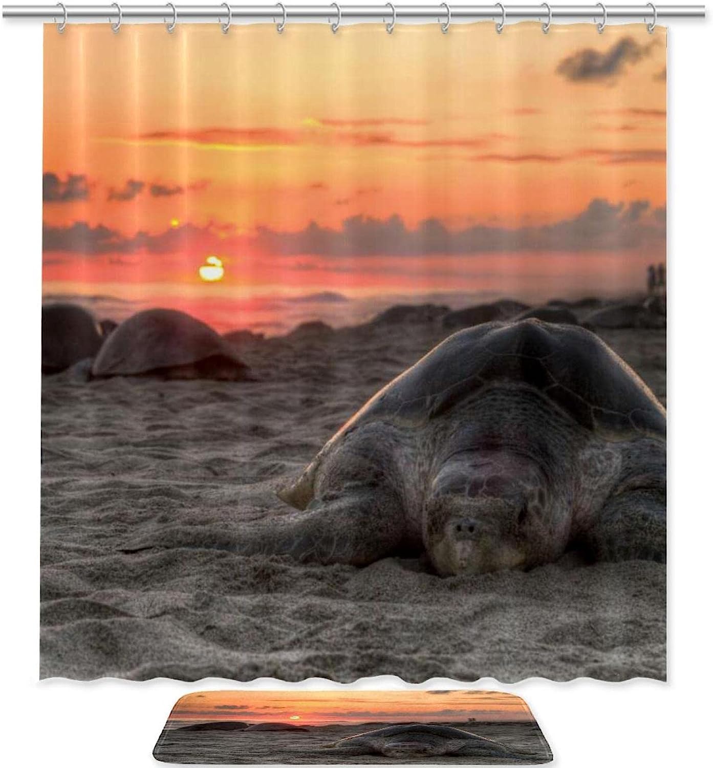 Sunset Beach Turtle Shower Curtain, Waterproof Fabric For Animal Bathroom Decor