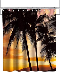 Sunset Bench Palm Tree Landscape Shower Curtain Ideas Waterproof Washable White Orange