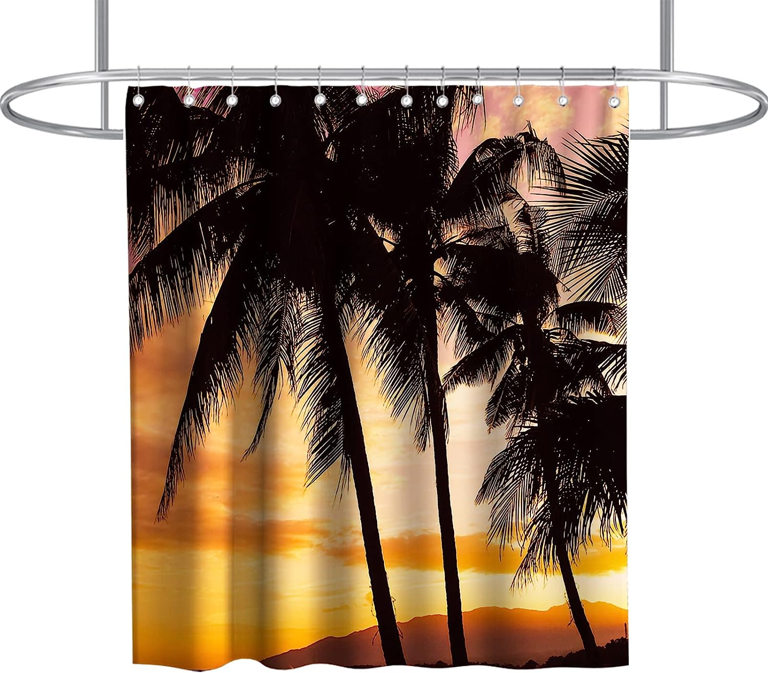 Sunset Bench Palm Tree Landscape Shower Curtain Ideas Waterproof Washable White Orange
