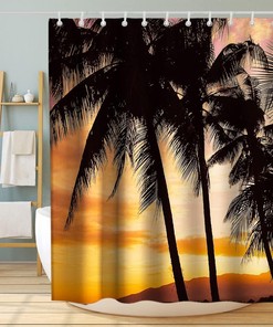 Sunset Bench Palm Tree Landscape Shower Curtain Ideas Waterproof Washable White Orange