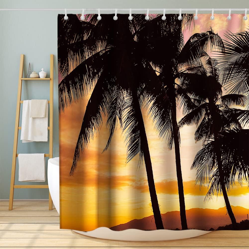 Sunset Bench Palm Tree Landscape Shower Curtain Ideas Waterproof Washable White Orange