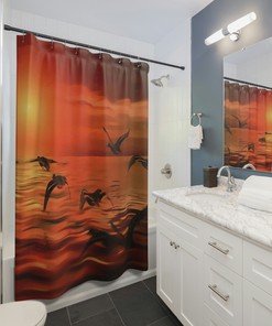 Sunset Birds Shower Curtain With Beautiful Nature Print, Housewarming Gift For Bathroom