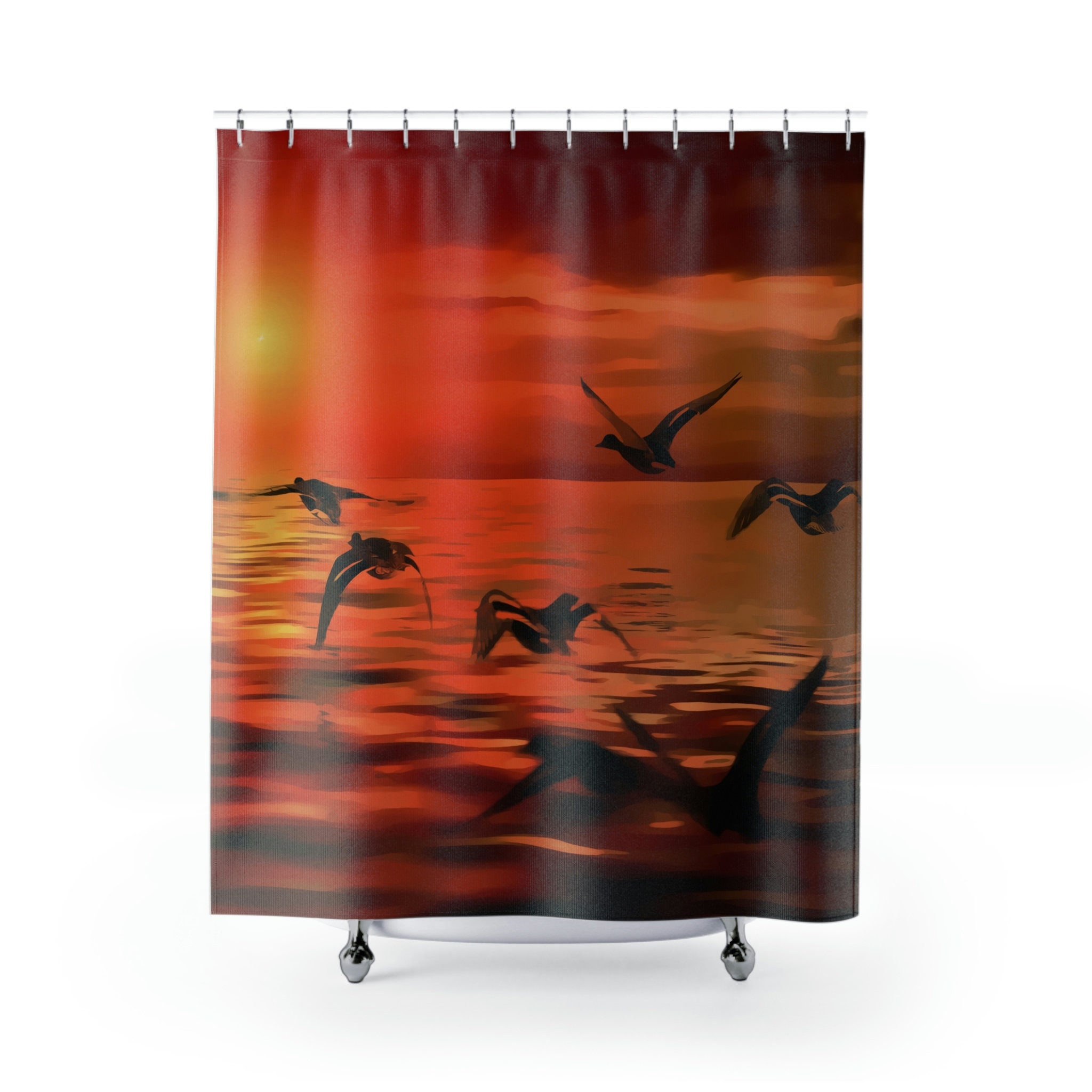 Sunset Birds Shower Curtain With Beautiful Nature Print, Housewarming Gift For Bathroom - Image 2