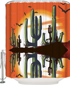 Sunset Cactus Shower Curtain - LB Western Desert Leaves Birds Orange Fabric Bathroom Decor
