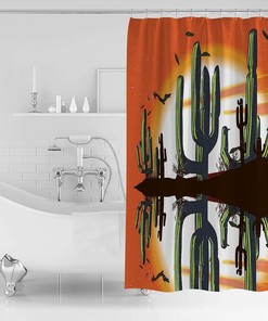 Sunset Cactus Shower Curtain - LB Western Desert Leaves Birds Orange Fabric Bathroom Decor