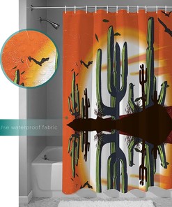 Sunset Cactus Shower Curtain - LB Western Desert Leaves Birds Orange Fabric Bathroom Decor