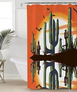 Sunset Cactus Shower Curtain - LB Western Desert Leaves Birds Orange Fabric Bathroom Decor