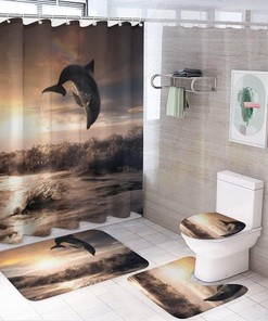 Sunset Dolphin Beach Shower Curtain, Waterproof Bathroom Decor by Vantaso