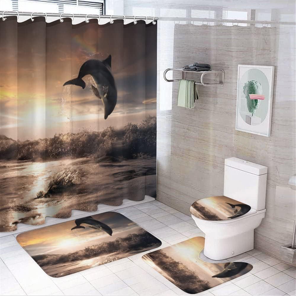 Sunset Dolphin Beach Shower Curtain, Waterproof Bathroom Decor by Vantaso