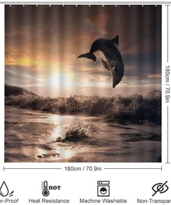 Sunset Dolphin Beach Shower Curtain, Waterproof Bathroom Decor by Vantaso