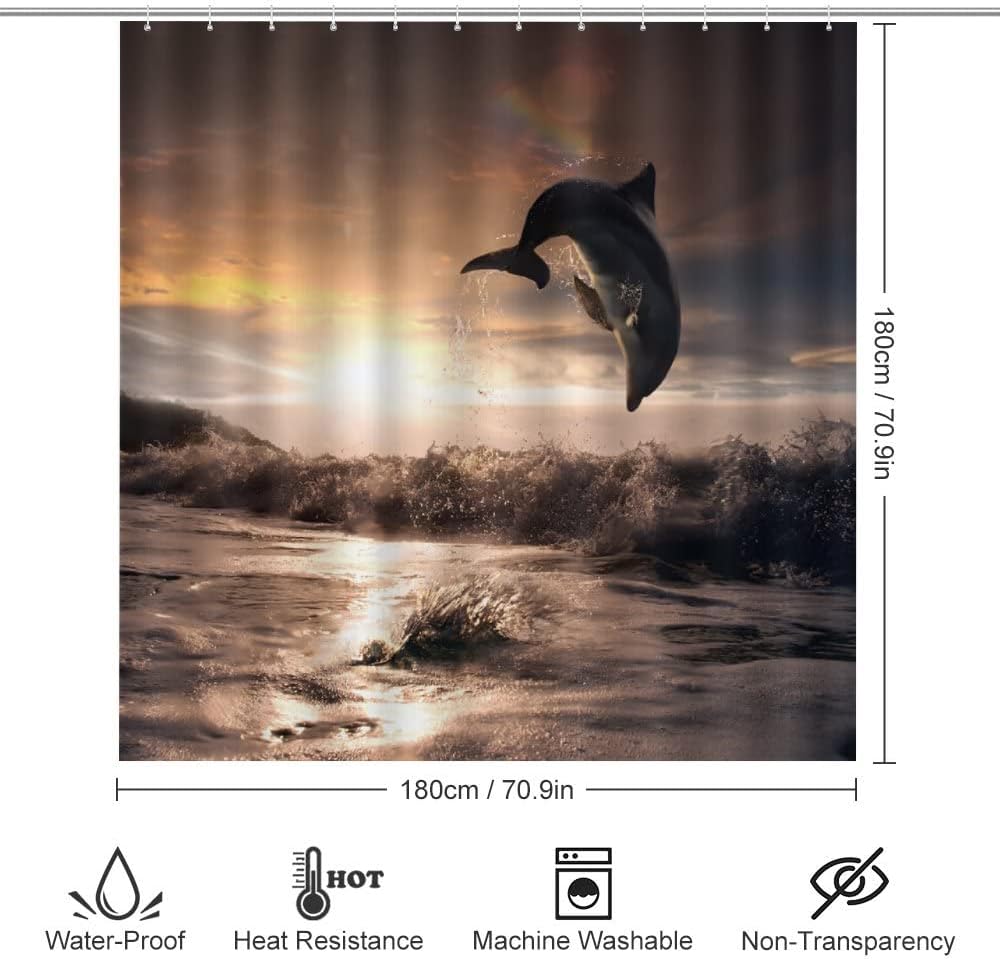 Sunset Dolphin Beach Shower Curtain, Waterproof Bathroom Decor by Vantaso