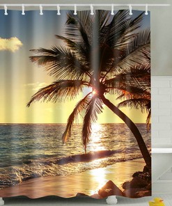 Sunset Hawaiian Beach Shower Curtain, Tropical Palm Tree Ocean Decor Fabric, Perfect Bath Accessory 