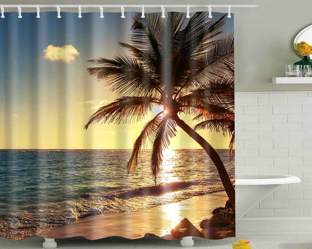 Sunset Hawaiian Beach Shower Curtain, Tropical Palm Tree Ocean Decor Fabric, Perfect Bath Accessory