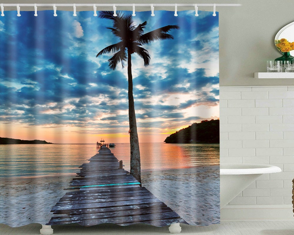 Sunset Hawaiian Beach Shower Curtain, Tropical Palm Tree Ocean Decor Fabric, Perfect Bath Accessory