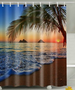 Sunset Hawaiian Beach Shower Curtain, Tropical Palm Tree Ocean Decor Fabric, Perfect Bath Accessory
