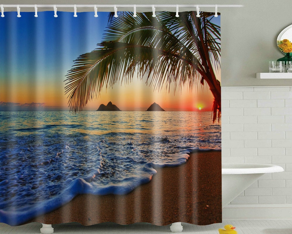 Sunset Hawaiian Beach Shower Curtain, Tropical Palm Tree Ocean Decor Fabric, Perfect Bath Accessory