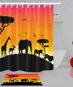 Sunset Hill Safari Shower Curtain - Tiger Lion Giraffe Antelope Elephant Zebra In Stunning African Scenery