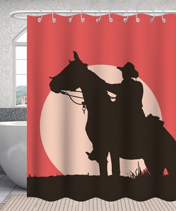 Sunset Horse Shower Curtain - Western Desert Bathroom Decor with American Cowboy Silhouette