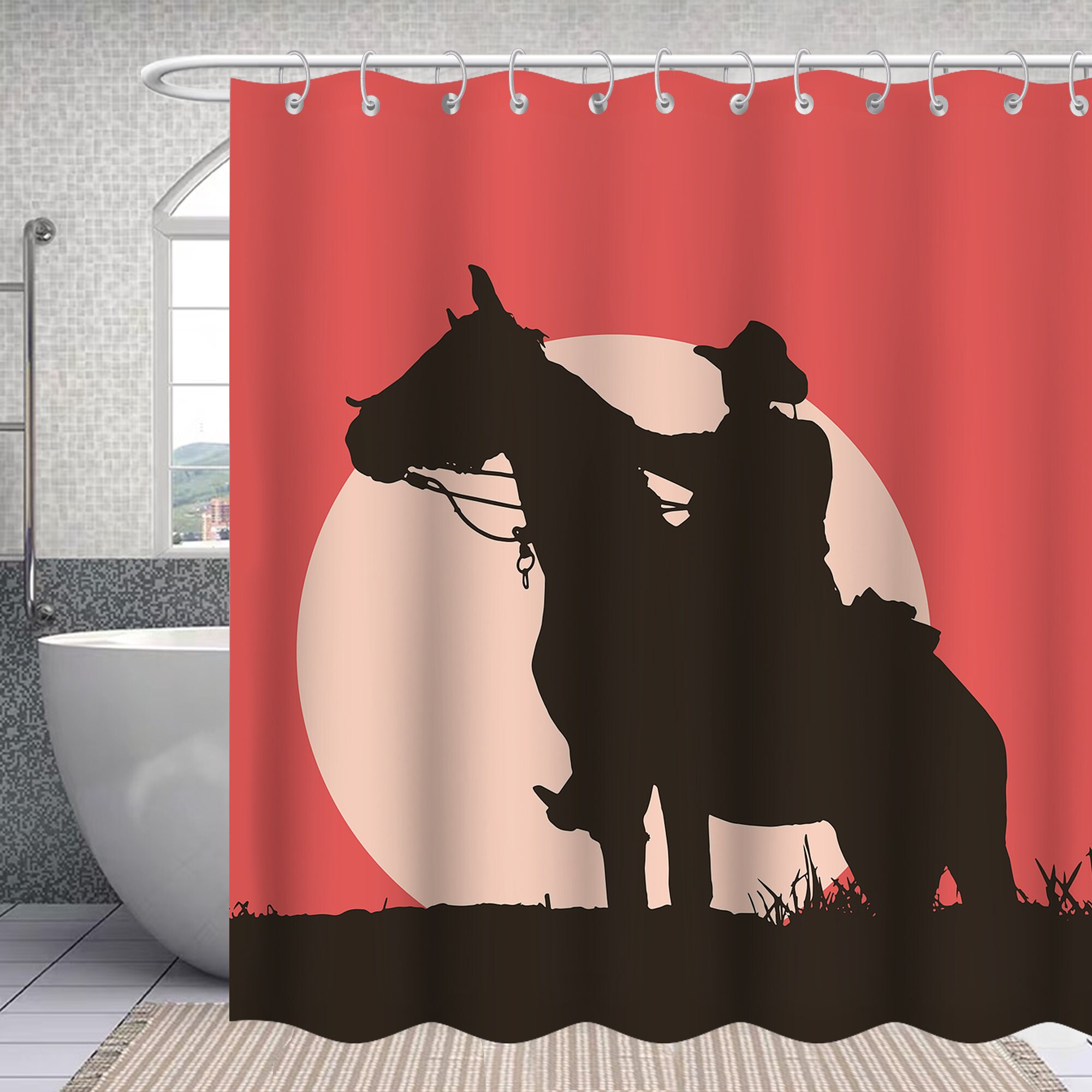 Sunset Horse Shower Curtain - Western Desert Bathroom Decor with American Cowboy Silhouette