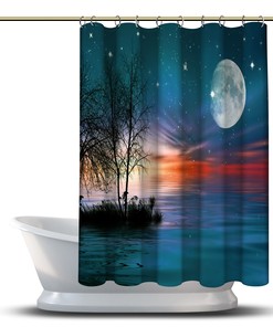 Sunset Landscape with Moon, Stars and Sea Printed Shower Curtain
