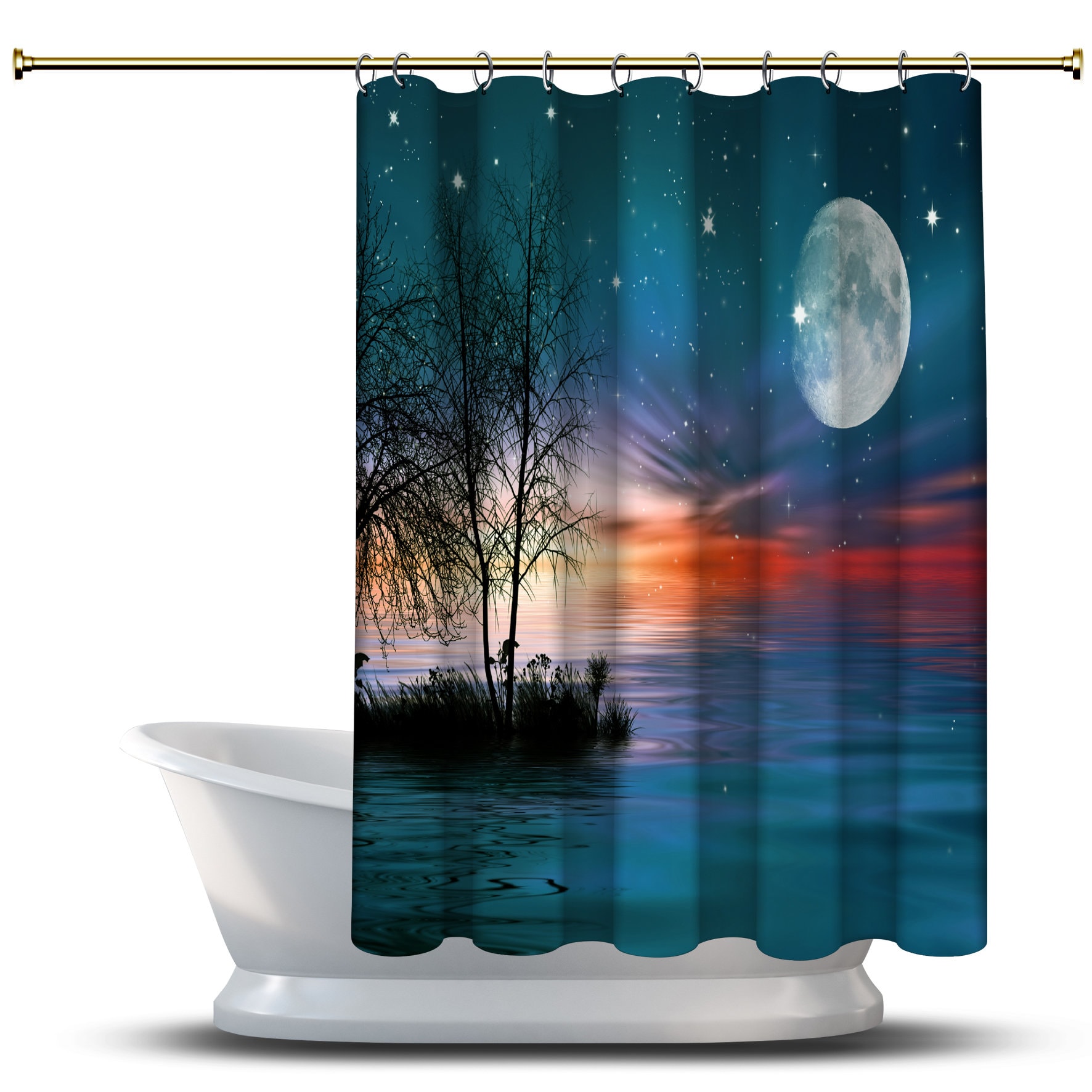 Sunset Landscape with Moon, Stars and Sea Printed Shower Curtain