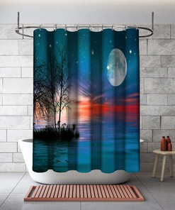 Sunset Landscape with Moon, Stars and Sea Printed Shower Curtain