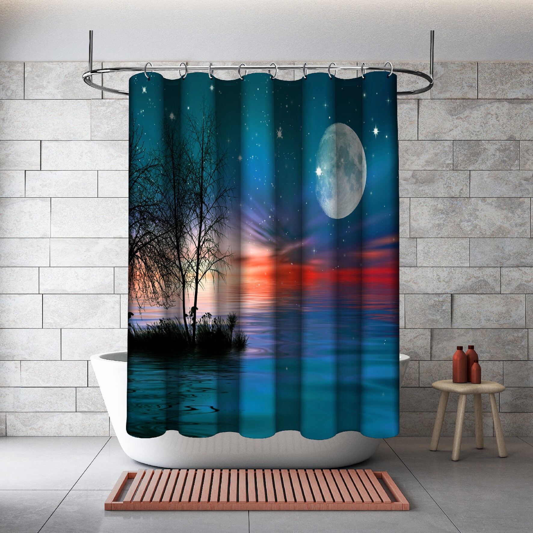 Sunset Landscape with Moon, Stars and Sea Printed Shower Curtain