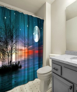 Sunset Landscape with Moon, Stars and Sea Printed Shower Curtain