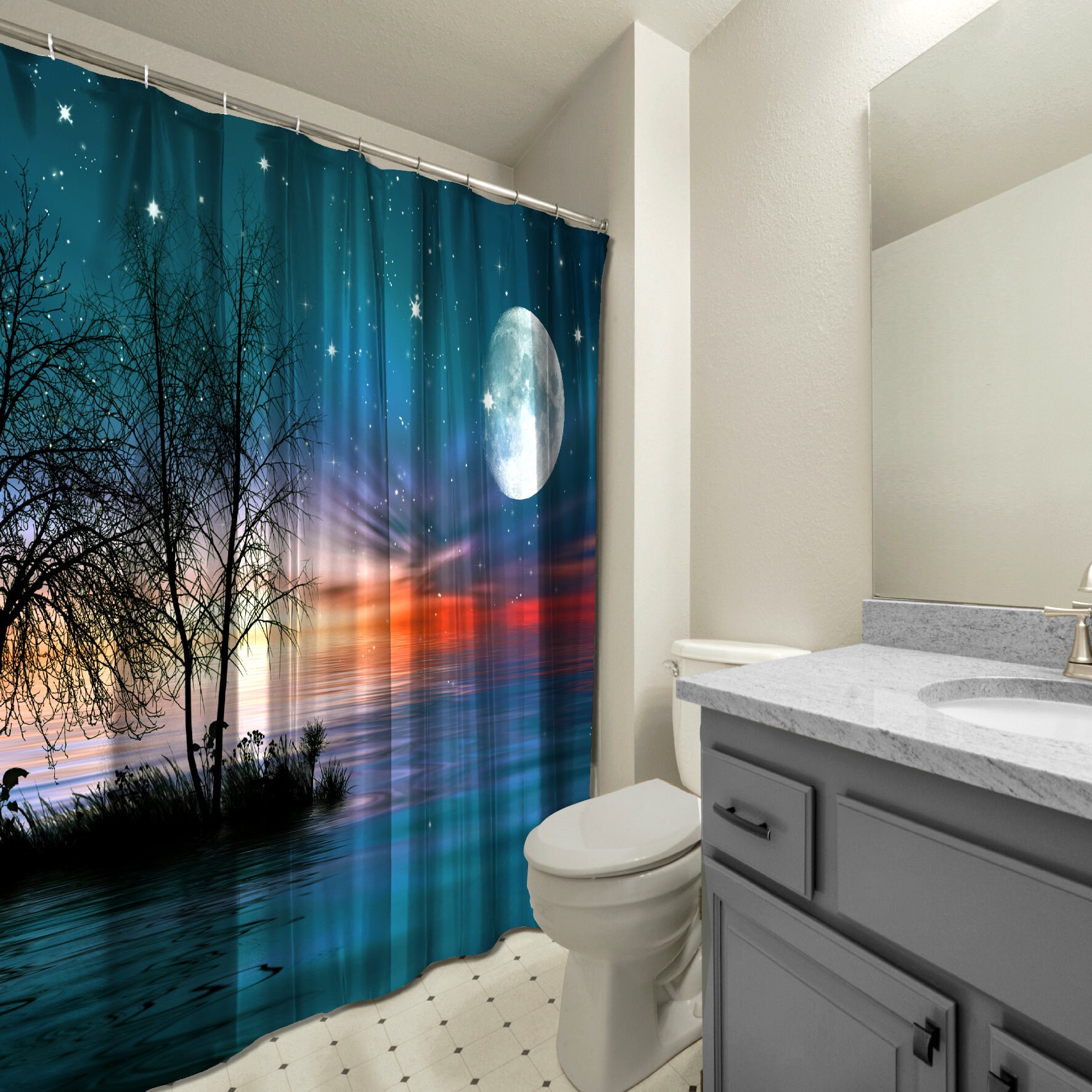 Sunset Landscape with Moon, Stars and Sea Printed Shower Curtain