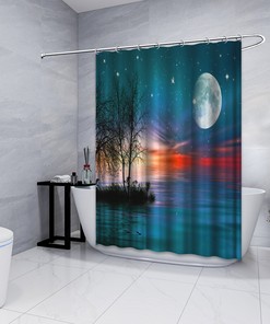 Sunset Landscape with Moon, Stars and Sea Printed Shower Curtain