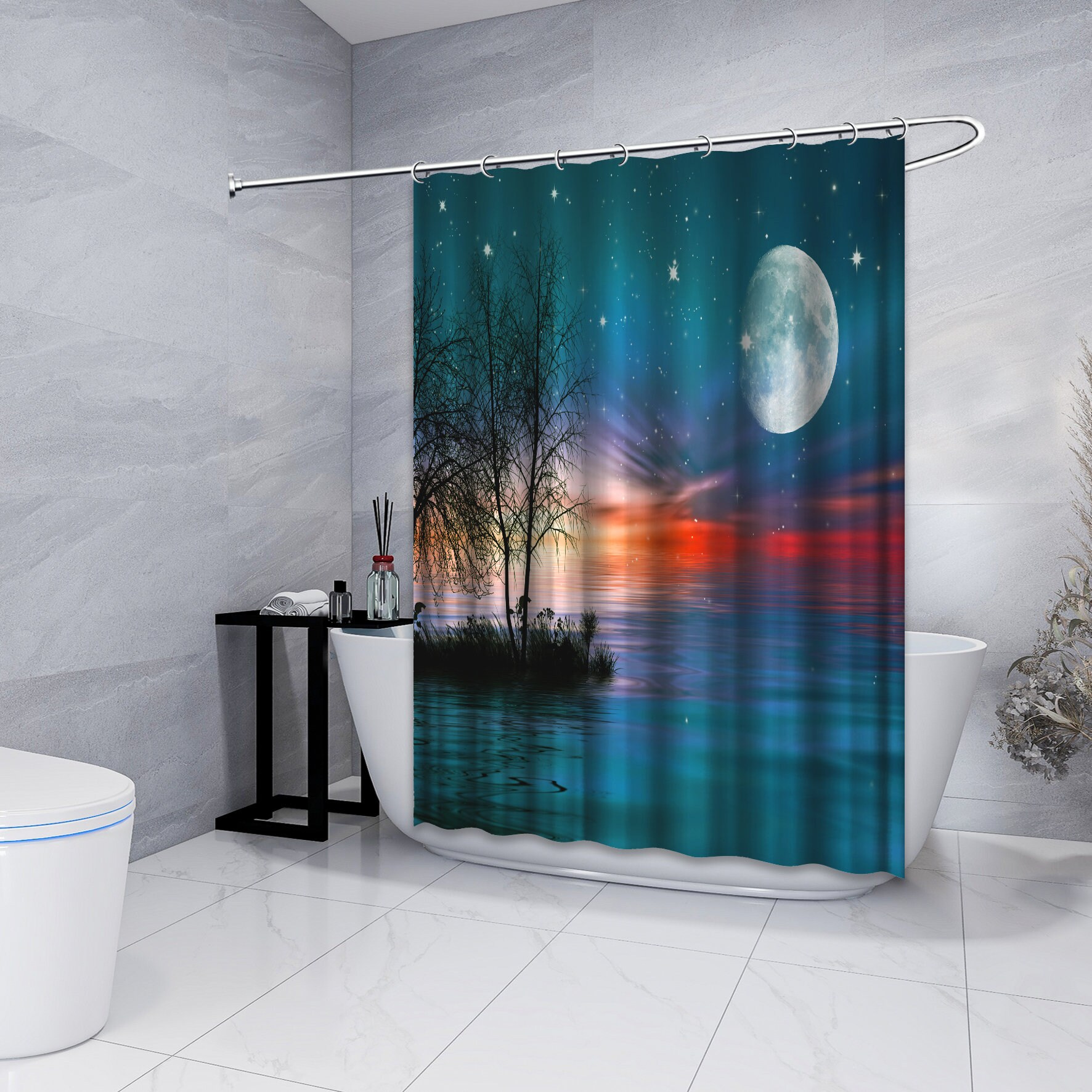 Sunset Landscape with Moon, Stars and Sea Printed Shower Curtain