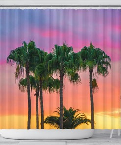 Sunset Palm Tree Beach Scene Shower Curtain for Oceanic Bathroom Decor