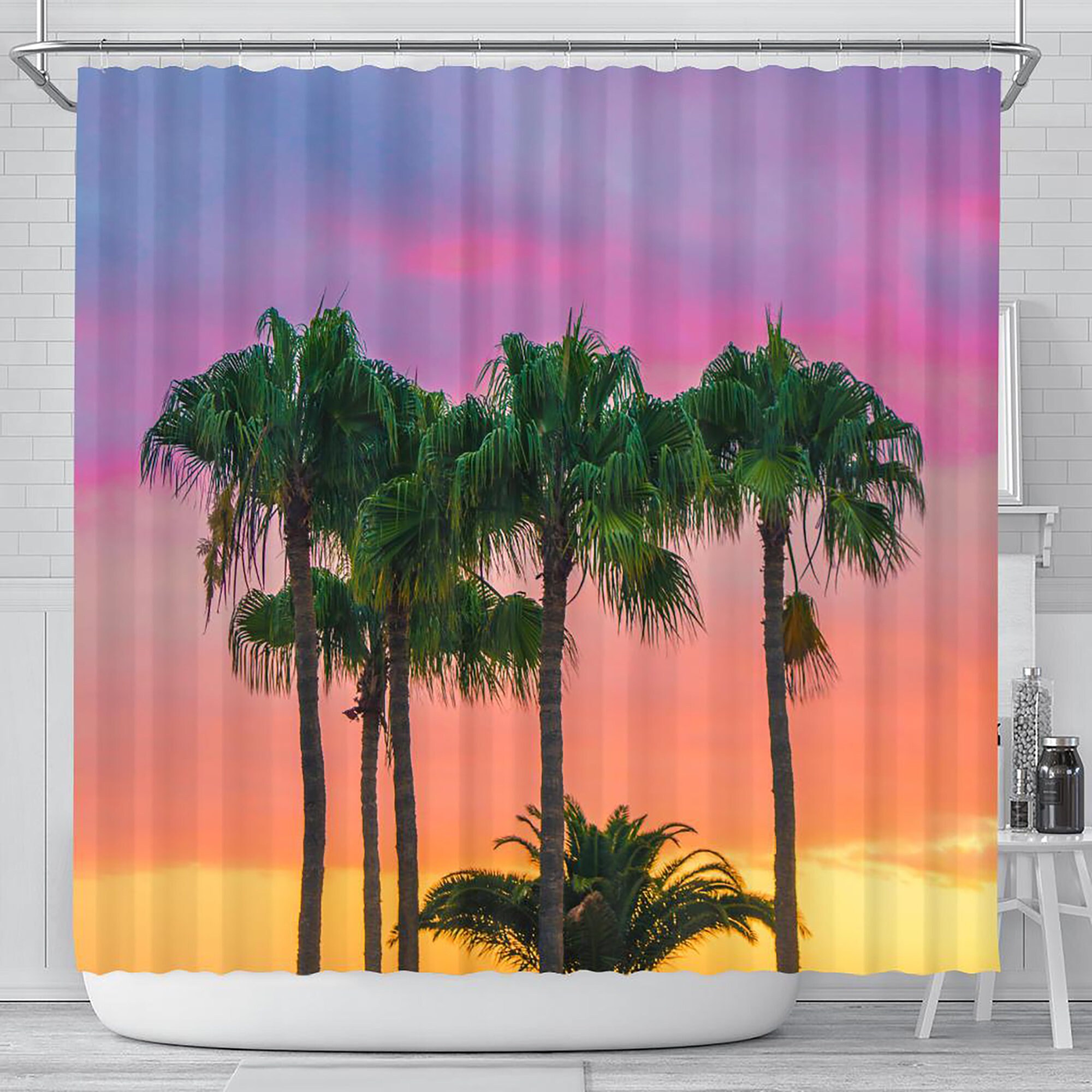 Sunset Palm Tree Beach Scene Shower Curtain for Oceanic Bathroom Decor