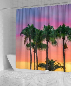 Sunset Palm Tree Beach Scene Shower Curtain for Oceanic Bathroom Decor