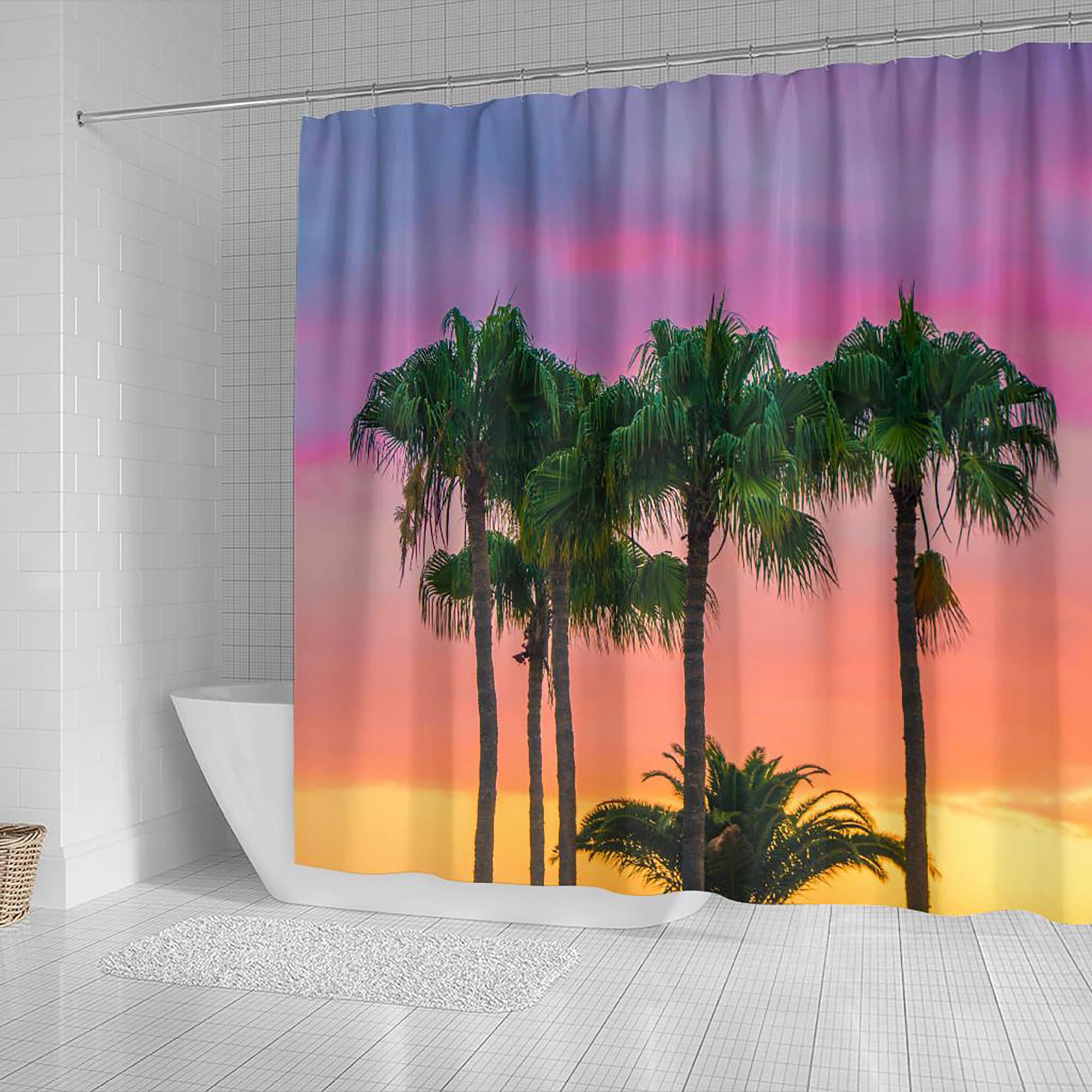 Sunset Palm Tree Beach Scene Shower Curtain for Oceanic Bathroom Decor